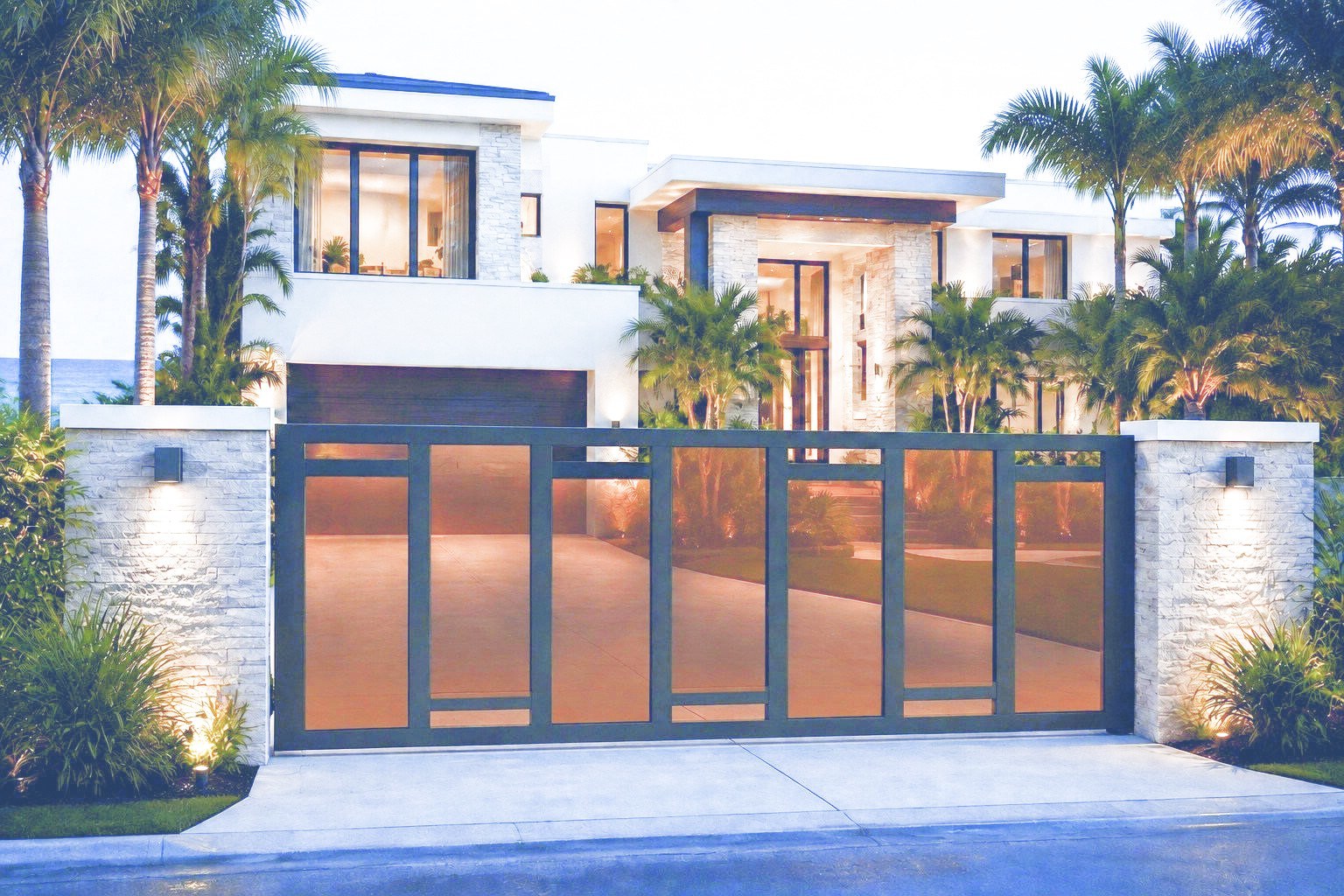 Architectural sliding glass gate at a contemporary residence