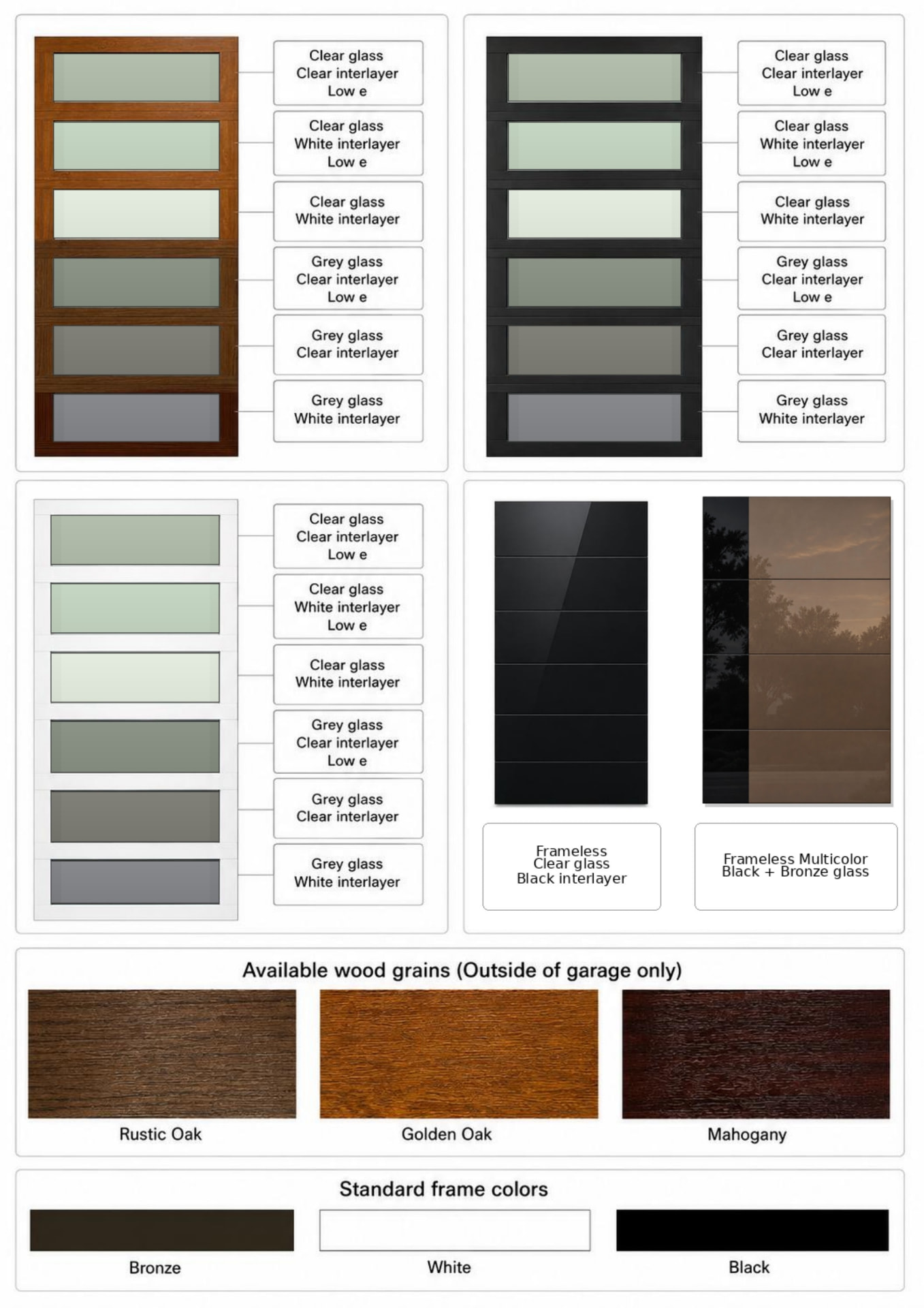 Available glass, wood-grain, and frame finish combinations